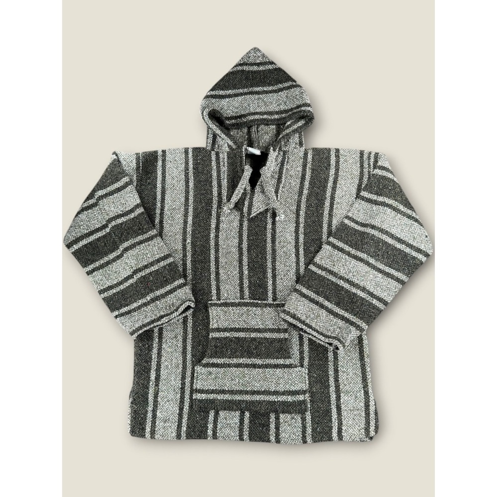 La Malinche Mexican Baja Hoodie Mens Large Olive Green Striped Jerga Pullover